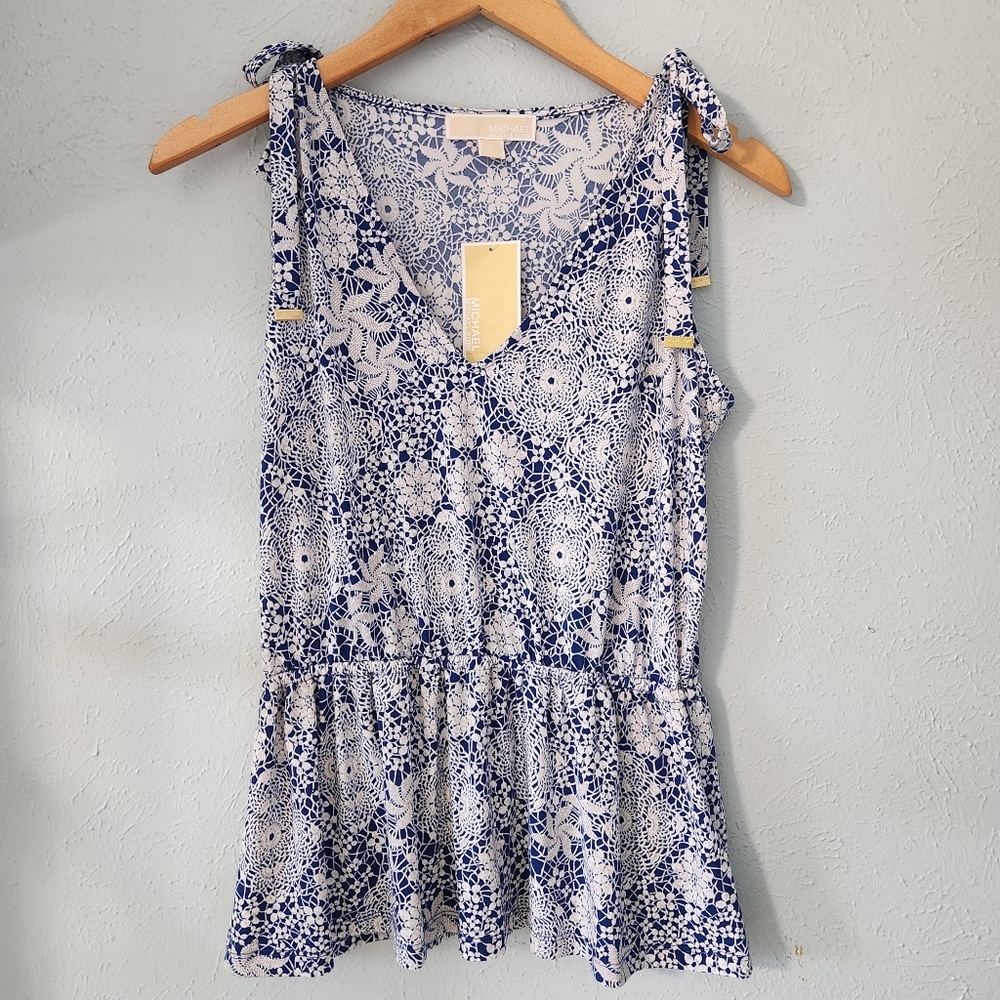NWT Michael Kors Blue White Print Shoulder Tie Peplum Top